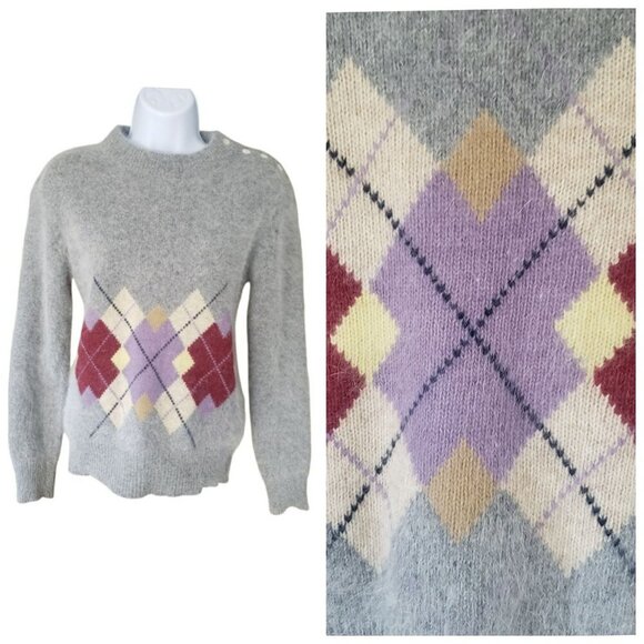 Vintage 1980 Filene's SM Lambswool Angora Argyle Sweater Shoulder Buttons Preppy - Picture 3 of 13